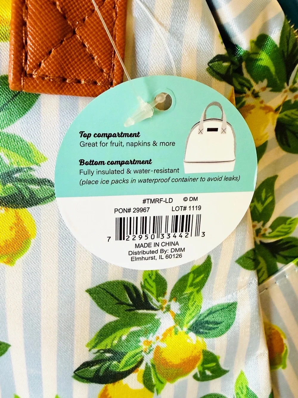 NWT TempaMATE Lemon Print Insulated Lunch Bag Dual Compartment Cooler Tote